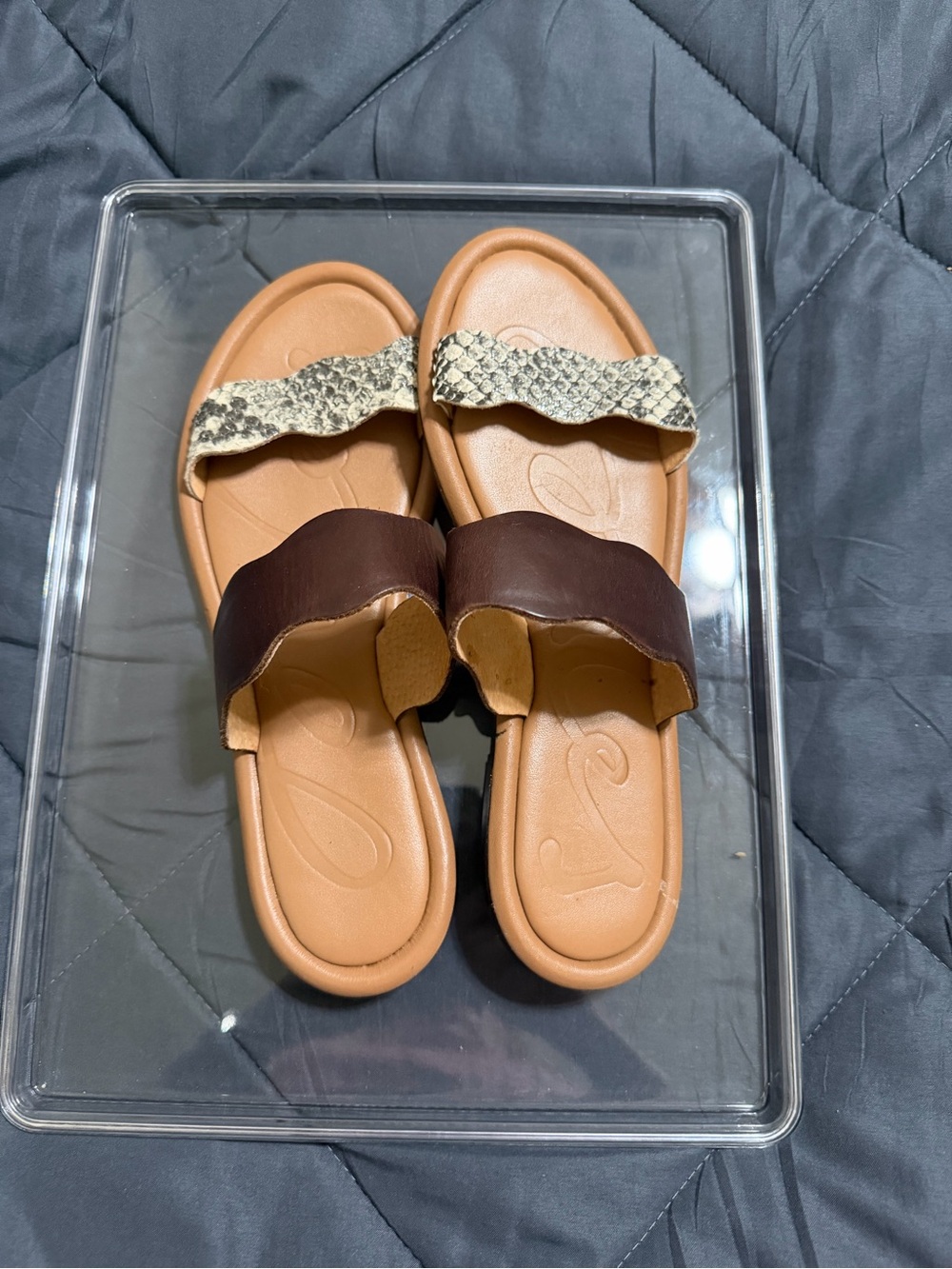 Joules Tan Footbed with Brown and Snake-Print Double Band Sandals